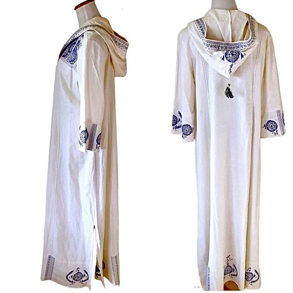 🌀Soft Surroundings Boho Embroidered Hooded Linen 3/4 Sleeves Caftan Maxi Sz M - Picture 5 of 9